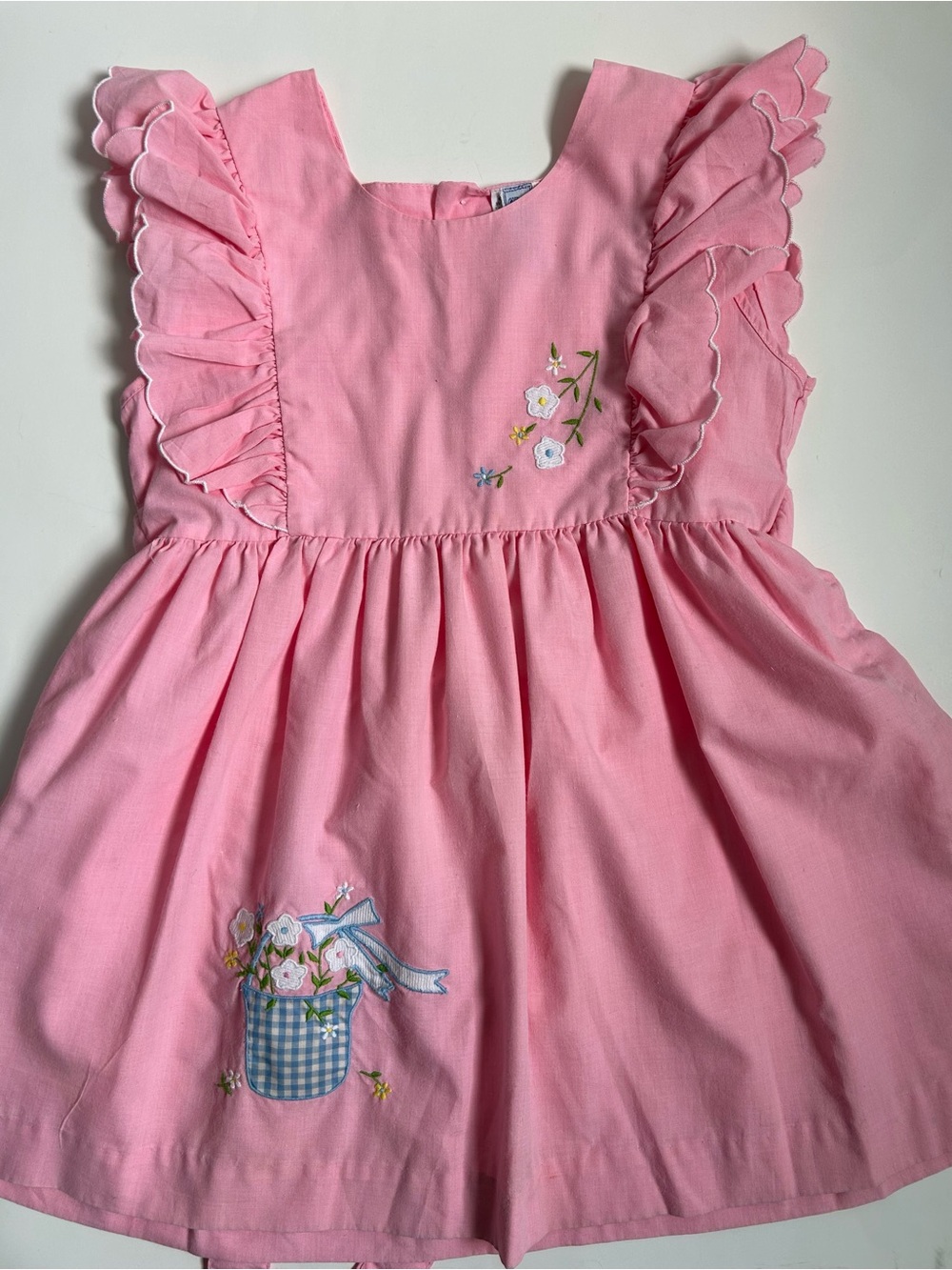 Vintage 80s Cottagecore Pink Ruffle Sleeveless Dress with Floral Embroidery
